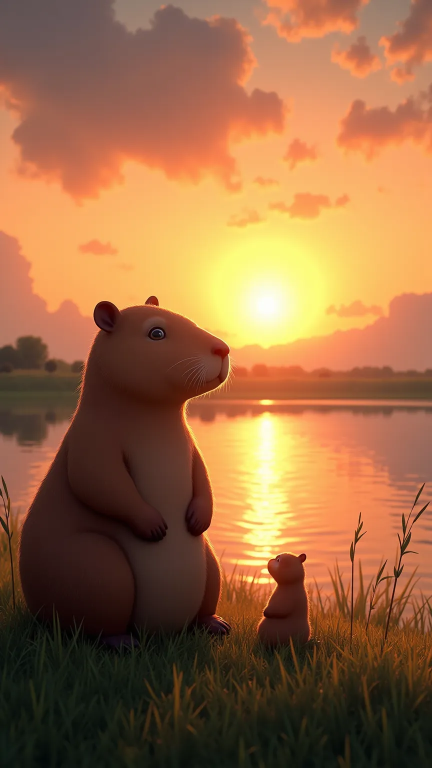 A capybara watches the sunrise, knowing it’s the last time it will share this view with its closest friend."
