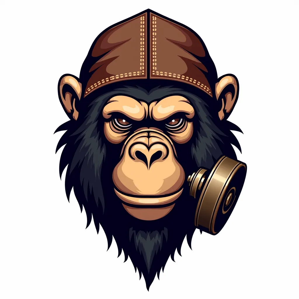 ((Vector illustration)), ((highly detailed line art)), ((clean and crisp design)), BREAK — A **notice board** featuring a **highly stylized vector drawing** of the **god-like monkey APE’s head**, depicted in **mythological and tribal aesthetics**, wearing ...