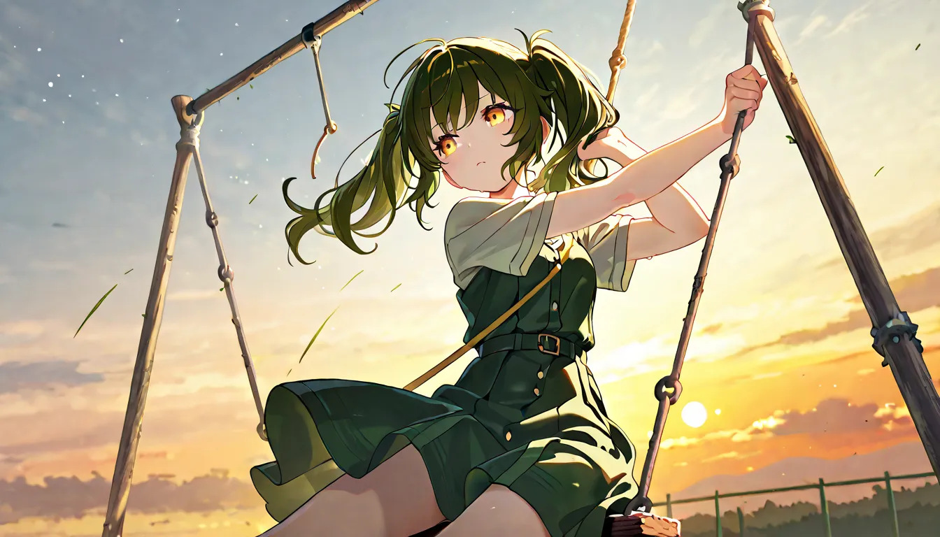 Girl with two downed dark green ponytails with yellow eyes, swinging on a swing far above the sky, stretching her hand to the sky