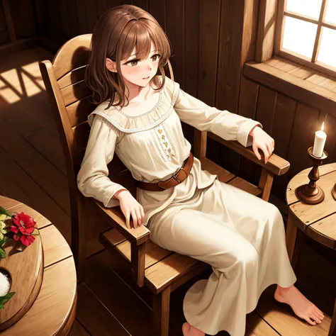 Mirien, a young woman with delicate features, sitting on the edge of a simple wooden chair in a room of a medieval wooden housea.

She has beautiful brown eyes and medium-length, straight brown hair with slanted bangs framing her round, delicately sculpted...