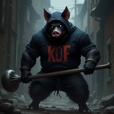 Black pig hooded fighter wears shirt with text "KOF" and carry a mace