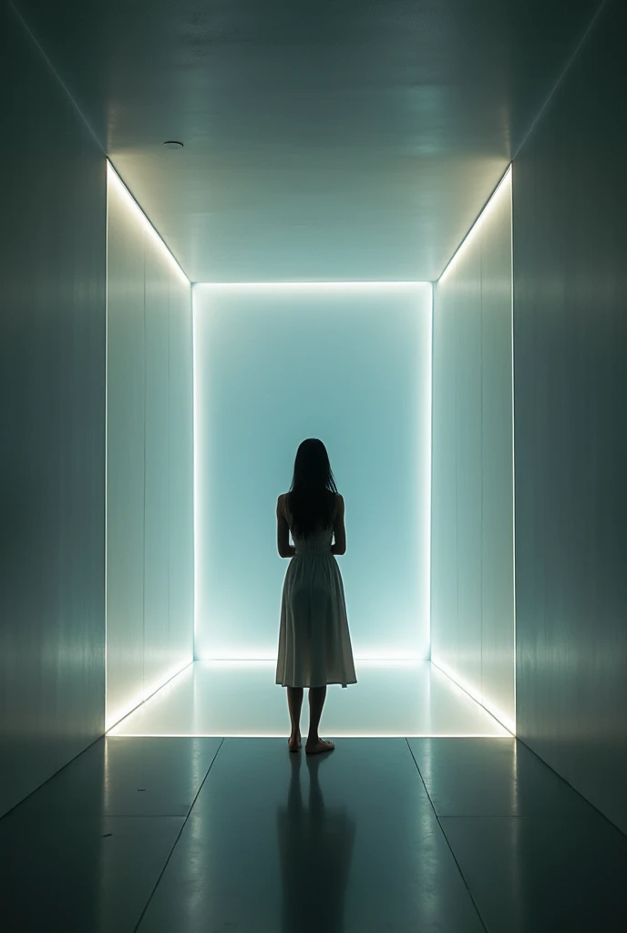 a person inside a closed glowing space with semi-transparent glass matte walls and a floor, a ceiling that glows a person stands back and communicates with the silhouette of a person who glows opposite her on the wall. On the walls on the sides, the silhou...