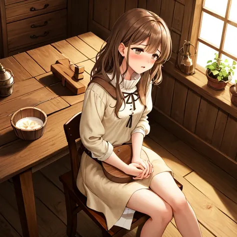 Mirien, a young woman with delicate features, sitting on the edge of a simple wooden chair in a room of a medieval wooden housea.

She has beautiful brown eyes and medium-length, straight brown hair with slanted bangs framing her round, delicately sculpted...