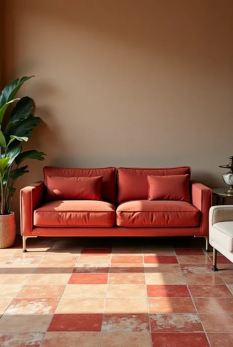 I want a photo of furniture suitable on beige and red tiles in room