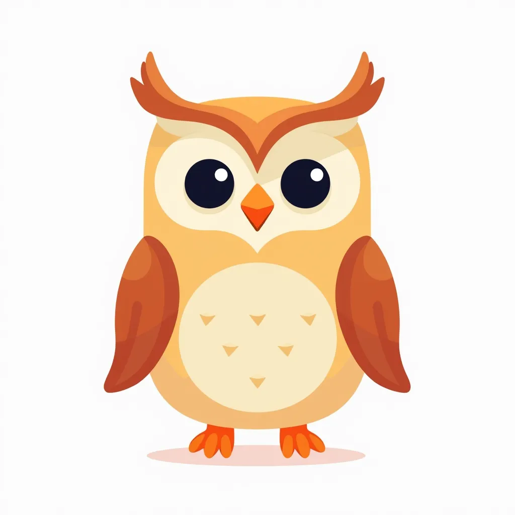 A bright, minimalistic cartoon-style owl character reminiscent of Duolingo’s owl but not identical, 
with a friendly face and big expressive eyes. Design it as a simple 2D vector illustration, 
no background, no pose (just standing or floating in place), f...