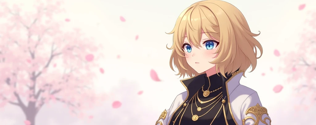 An anime-style character with short, wavy blonde hair and blue eyes, facing left in a side profile. The character should have a calm and serious expression, similar to the reference image. Their hair should have soft shading and natural highlights. They ar...