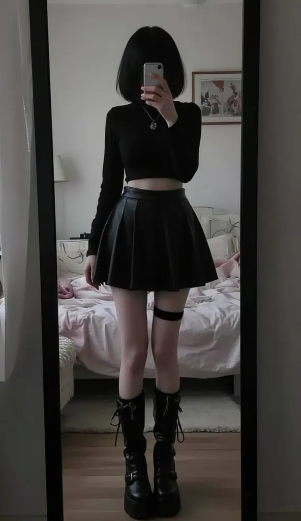 1girl, asian, Solo, ((cute goth platform boots, leather skirt)), mirror picture, phone over face, in bedroom, black styled hair, short hair, High Resolution, Masterpiece, Anatomically Correct, Accurate, Best Quality, Super Detailed