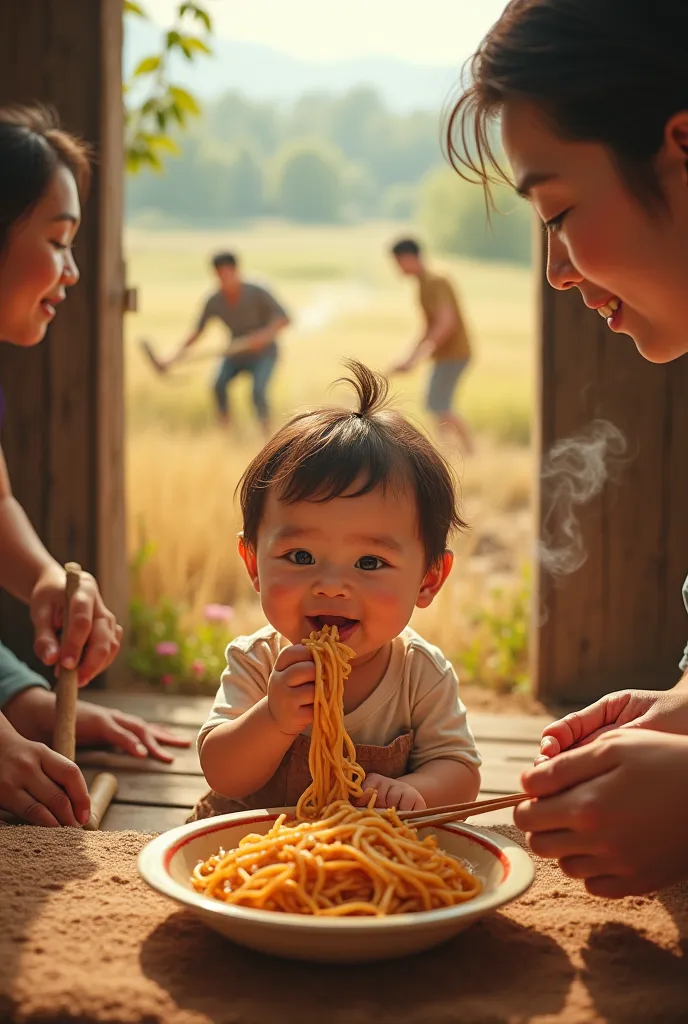 The noodles cooked by mother are so delicious to the baby. The adults are working in the fields