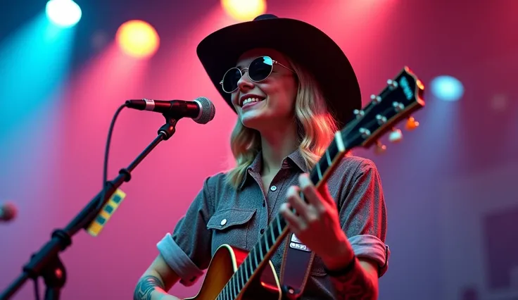 (photorealism:1.2), "A girl wearing a cowboy hat and sunglasses, performing on stage with an acoustic guitar. They are dressed in a patterned shirt, with tattoos visible on their arm, and are standing in front of a microphone with a confident expression. T...