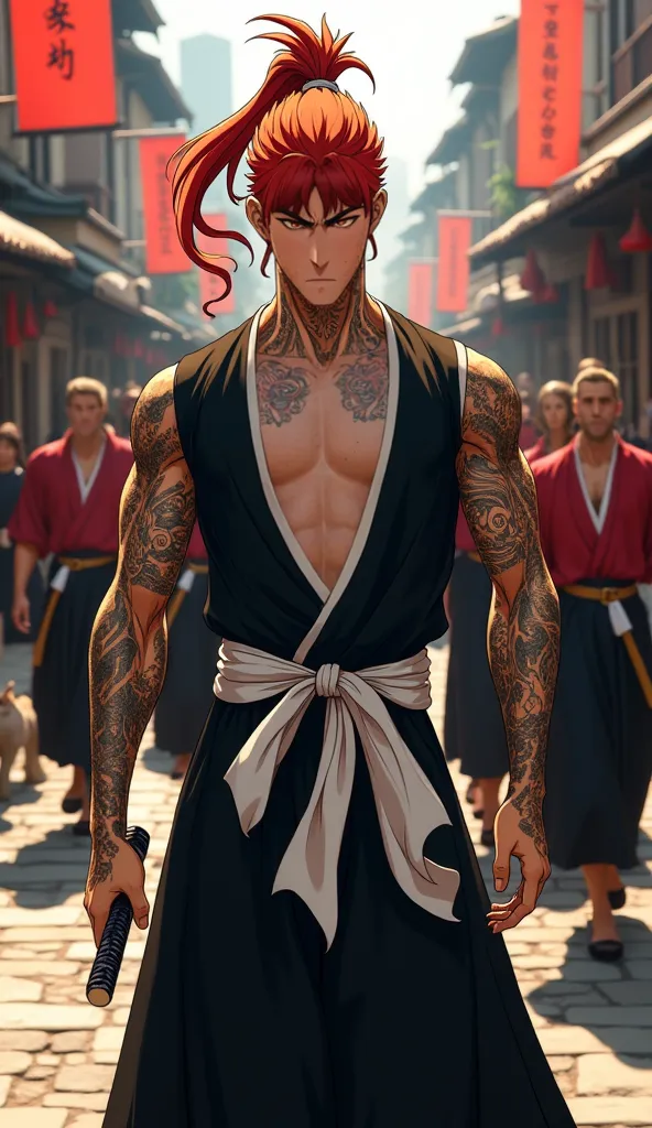 "Full-body, ultra-realistic depiction of Renji Abarai from Bleach as a tall, muscular man with detailed tribal tattoos covering his arms, chest, and neck. He has long, vibrant red hair tied in a high ponytail, with individual strands catching the sunlight....