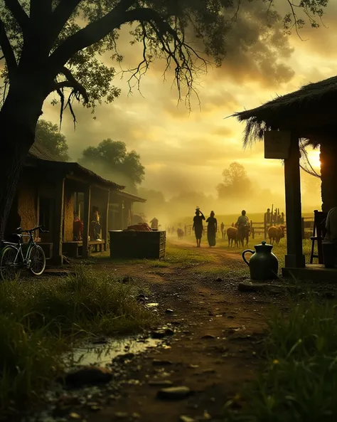 "A highly detailed and realistic photograph of an Indian village during sunset. The scene features traditional mud houses with thatched roofs, narrow dirt roads, and lush green fields stretching into the distance. Villagers are seen engaging in daily activ...