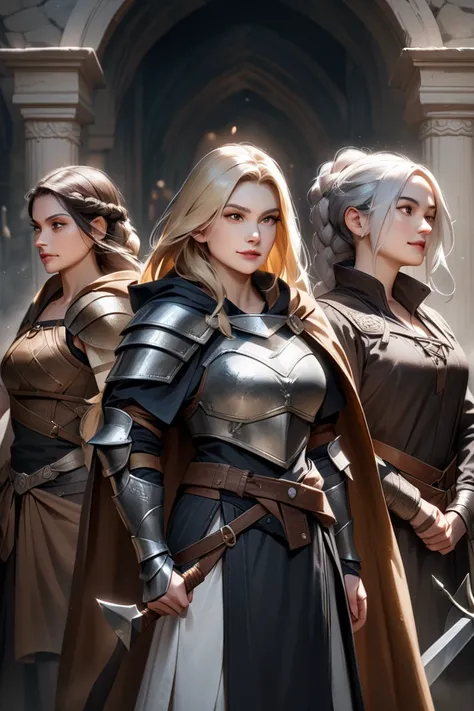 realistic image quality, High quality , quality 4k, group of 3 women, A woman in armor, Black hair with sword and shield. The other woman with silver hair, Braided is an archer, has a long bow around her waist, she wears two daggers as accessories and has ...