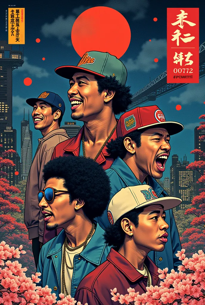 Créer moi un fond d’affiche de festival de rap urbain dans un style dessin traditionnel japonais 