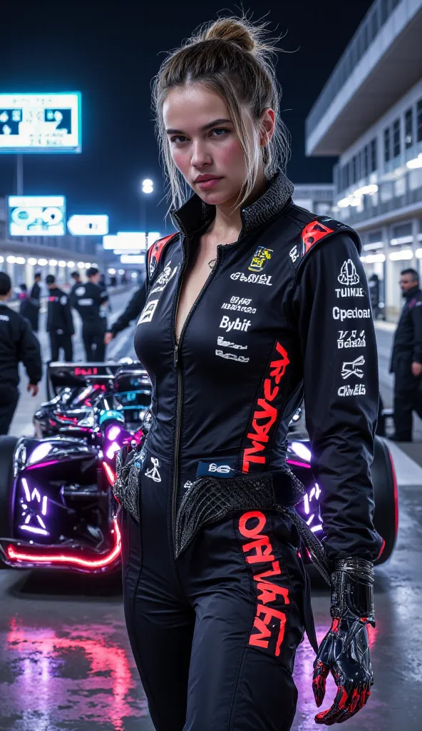 A confident female Formula 1 driver, (((wearing the official 2024 Red Bull Racing suit with hyper-detailed sponsors (Oracle, Honda, Tag Heuer, Bybit) embroidered in metallic thread, discreet keyhole cutout at bust revealing subtle décolletage, carbon-fiber...