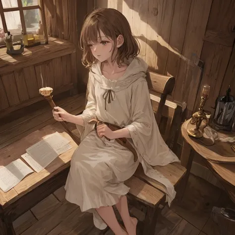 Mirien, a young woman with delicate features, sitting on the edge of a simple wooden chair in a room of a medieval wooden housea.

She has beautiful brown eyes and medium-length, straight brown hair with slanted bangs framing her round, delicately sculpted...