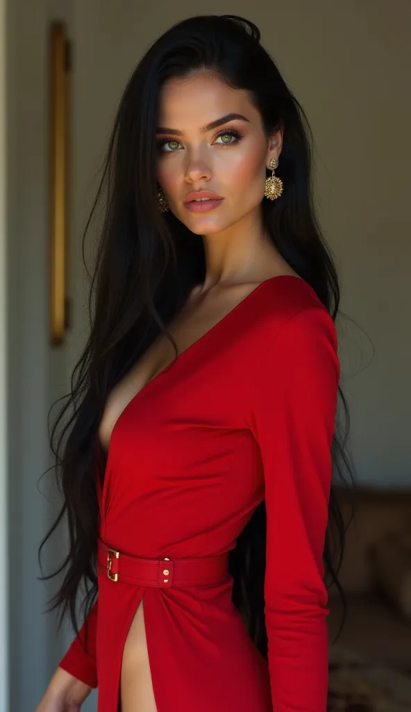  Woman,  white skin, green eyes,  muscular body,  dressed in a red dress , slit up to the waist, deep neckline and long sleeves,  gold earrings, exposed leg jewelry and black heels, Long black and straight hair