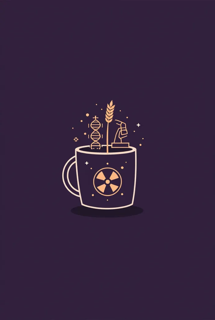 Draw a picture for a mug, that contains a radiation symbol, a DNA molecule, a microscope and a wheat branch, In purple tones , Make, like, a logo.