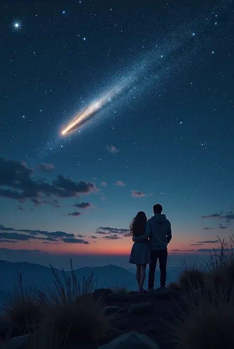 The make an image of Halley's comet on a starry night sky.
and from the top of a hill a couple of lovers embracing. Perfect, realistic image in 8kmodel is wearing glass sunglasses with stars and the moon on the glass