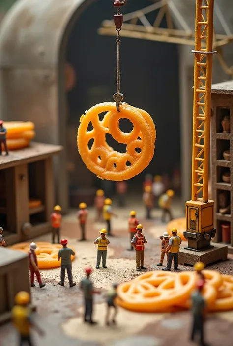 Here’s a detailed prompt for your scene:

**"A busy miniature jalebi construction site where workers are engaged in food processing. In the center, a crane is lifting a large, perfectly twisted jalebi, suspended from a hook as workers, in small-scale detai...