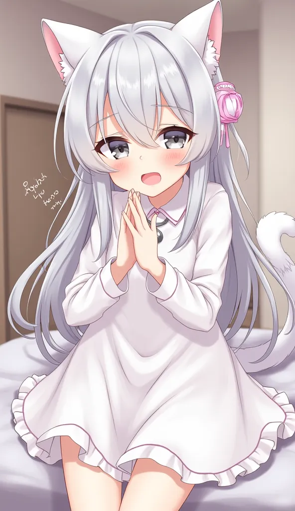 Loli girl, grey eyes, grey hair, long hair, small breast , saggy, white dress,white cat ears,  blush, naughty face, cat mouth, white cat hands, sitting, bedroom , hair cover ears, pink accessories, silver necklace,