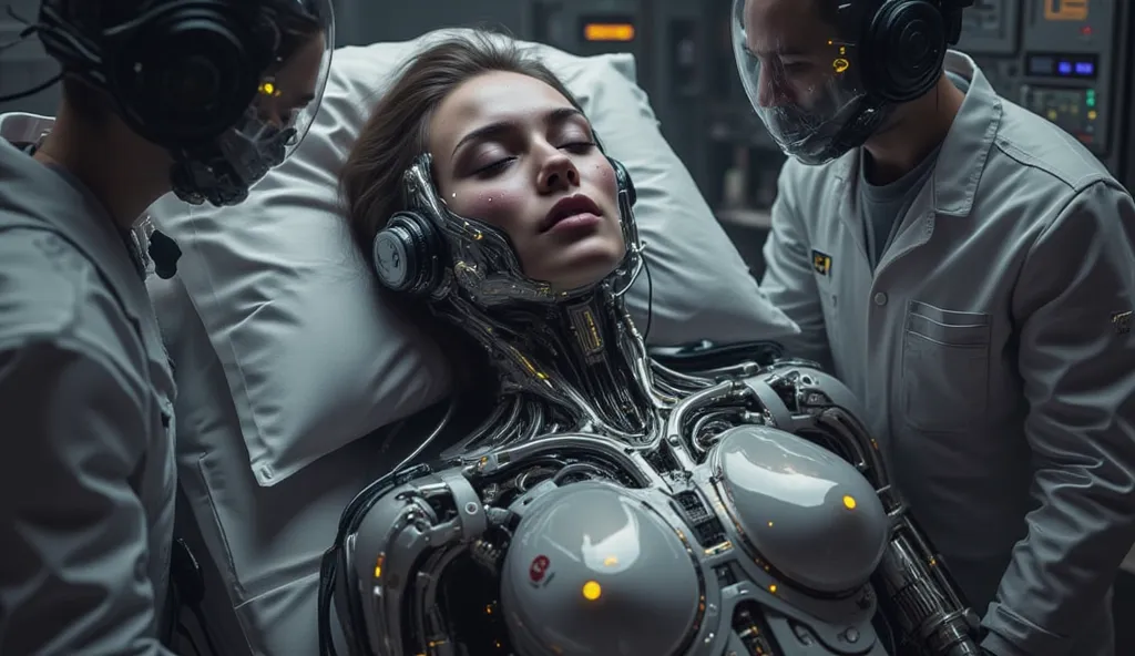 Close-up of a girl awakening from cryogenization on a futuristic stretcher, with the body of a cyborg and the face of a woman, with scientists and doctors next to, connected to machines.