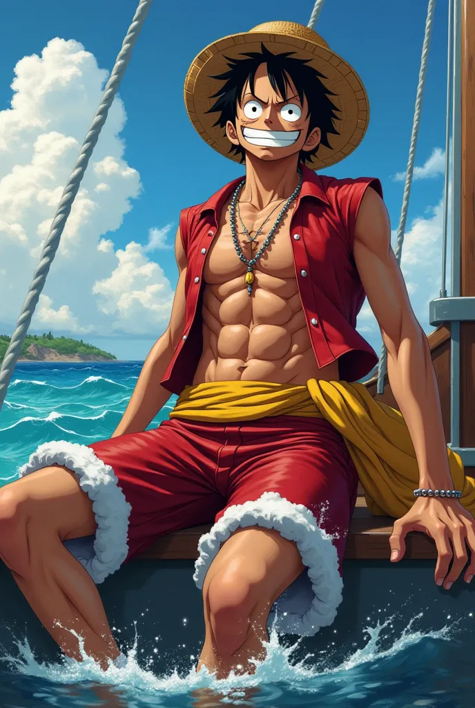 Monkey d. Luffy on a boat with his giant cock out masturbating and enjoying a lot