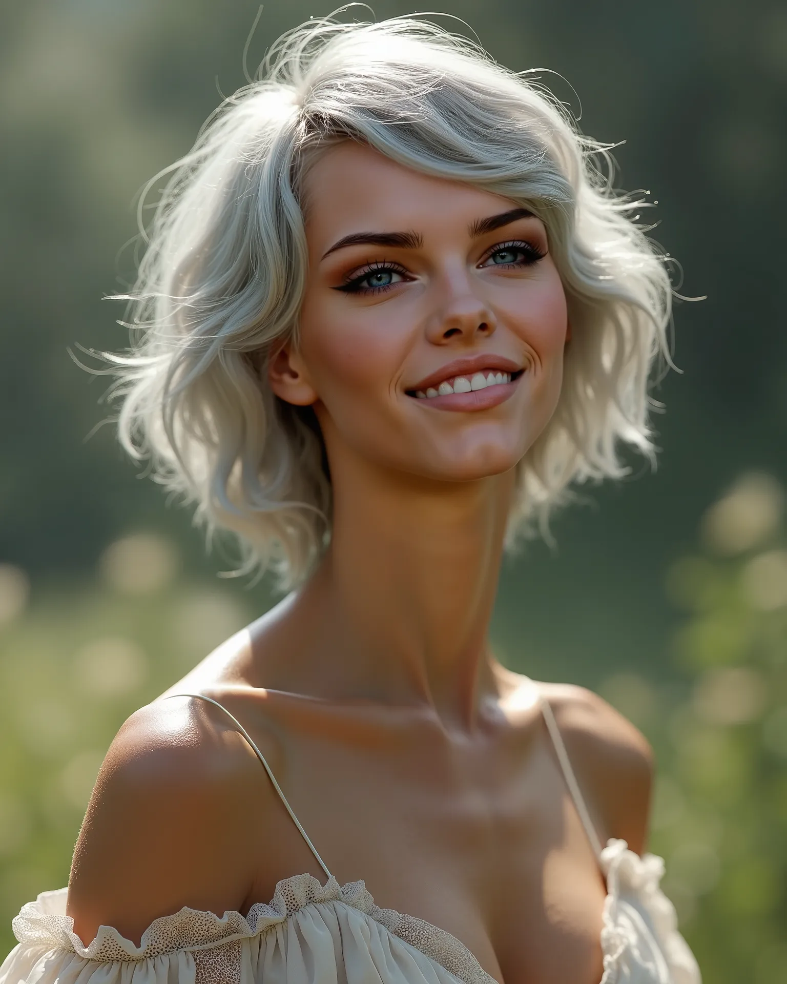 A super realistic photographic very short silver hair  woman, wearing sexy, in a beautiful place, laughing, looking gorgeous, background, photo-realistic, 8k, masterpiece, high quality, hyper detailed, cinematic lighting, vivid colors, intricate fabric tex...