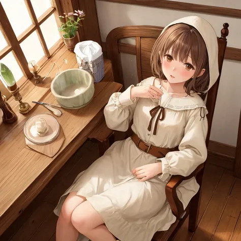 Mirien, a young woman with delicate features, sitting on the edge of a simple wooden chair in a room of a medieval wooden housea.

She has beautiful brown eyes and medium-length, straight brown hair with slanted bangs framing her round, delicately sculpted...