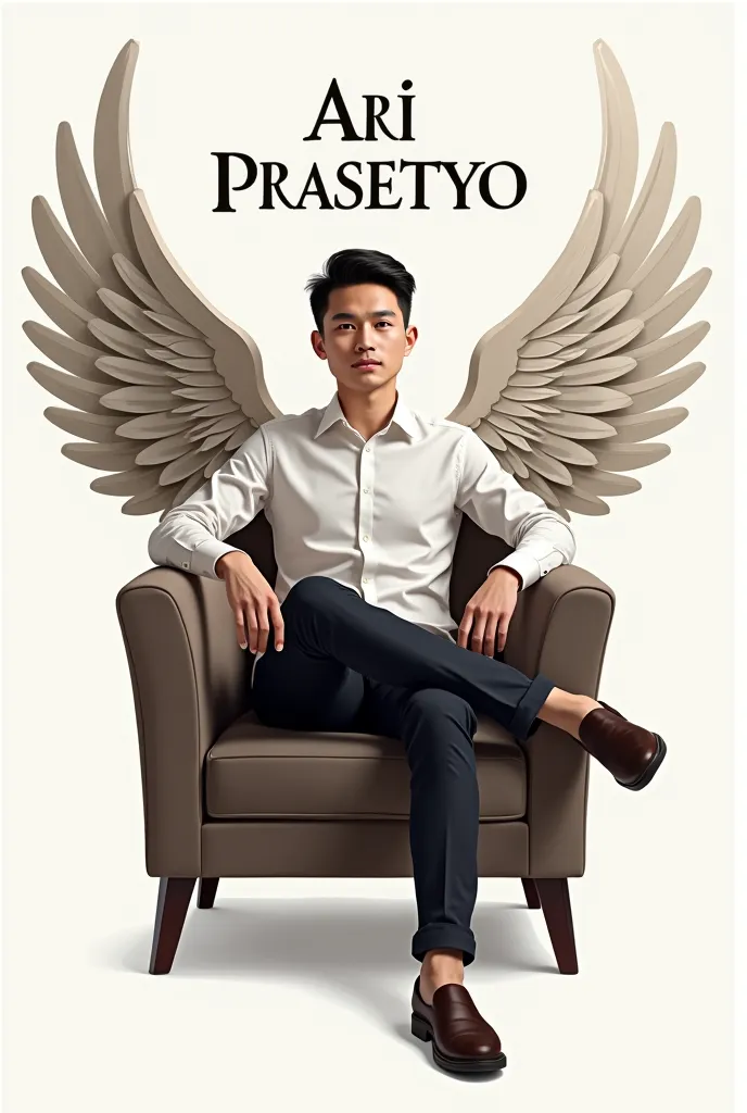 Make me a logo of a 25-year-old man sitting in a chair with wings on his back and there's a big inscription of Ari Prasetyo's name on my head.