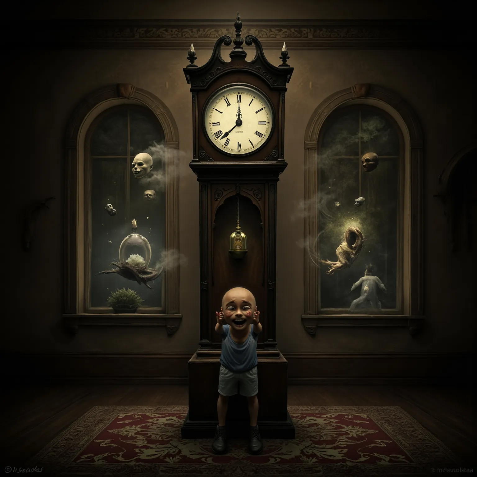 A hyperrealistic, cinematic photograph captured with a Canon EOS R5 + RF 50mm f/1.2L lens, featuring rich depth of field and stunning natural lighting. Cinematic surrealism. A giant antique grandfather clock stands in the center of a vast, dimly lit space....