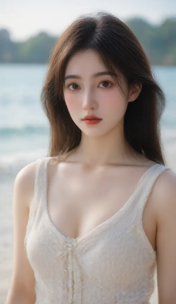 Korean idol, stunning, masterpiece, in a beach, 8k, high quality, detail, full body, highly detailed, photorealistic, 8K digital painting of a stunning Korean idol in a beautiful beach setting, masterfully rendered with intricate details, showing the idol'...