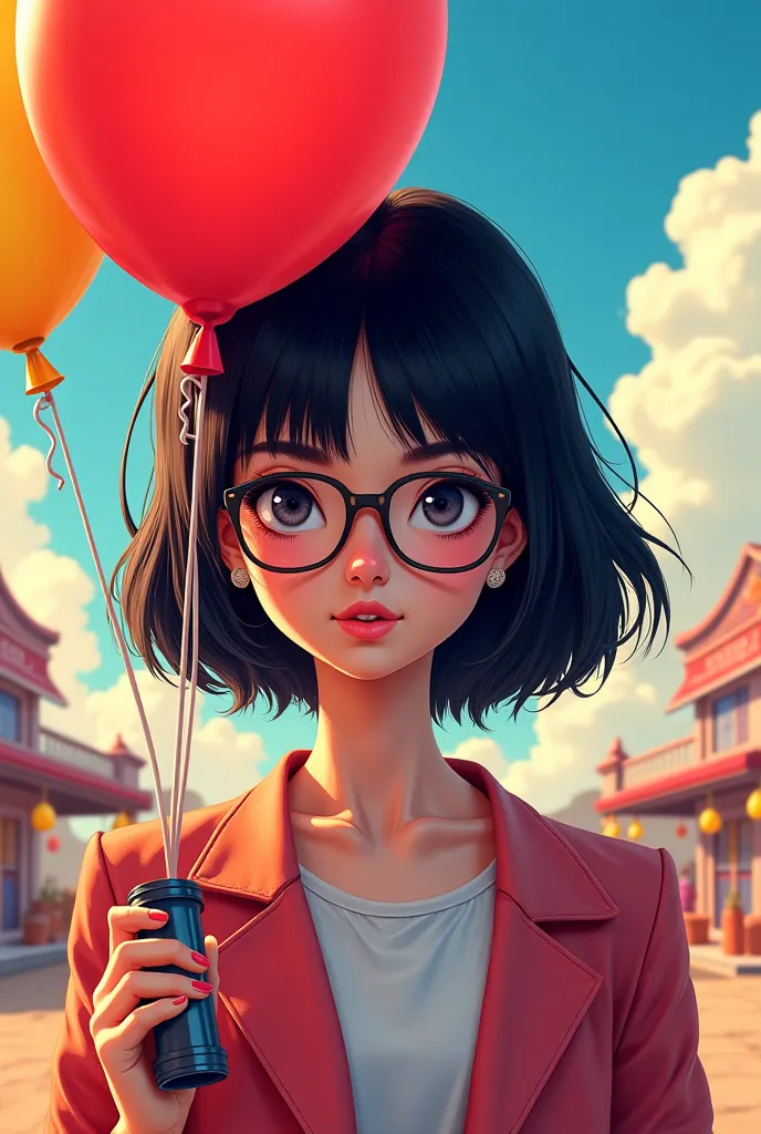 A cool poster of a girl wearing glasses with black hair with a balloon inflator in her hand 