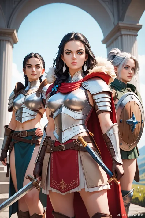 realistic image quality, High quality , quality 4k, group of 3 women, A woman in armor, Black hair with sword and shield. The other woman with silver hair, , is an archer, has a long bow around her waist, wears accessories, two daggers and has a hooded cap...