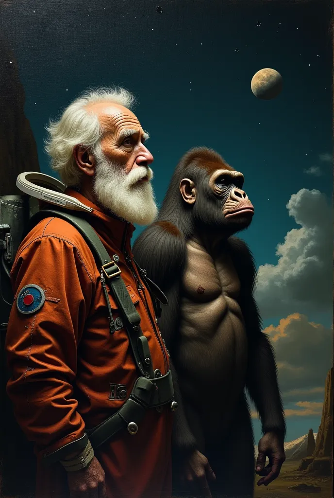 Elderly man with white beard as an astronaut and a gorilla with a capital capsule behind Caravaggio style at night