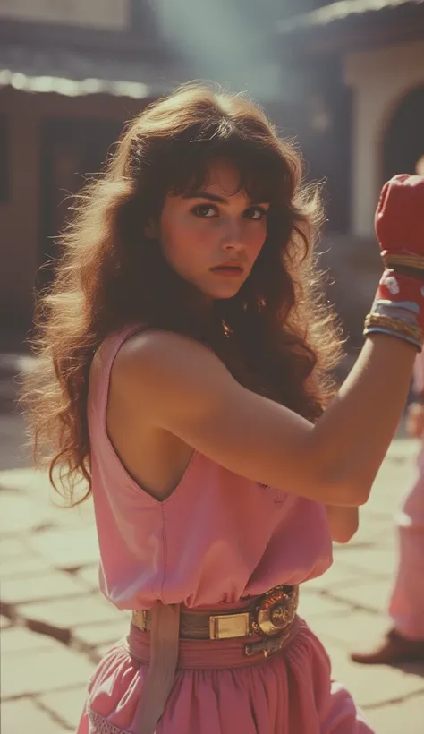 1989 ntsc vhs film still. the beautiful brunette fighter in modest pink outfit