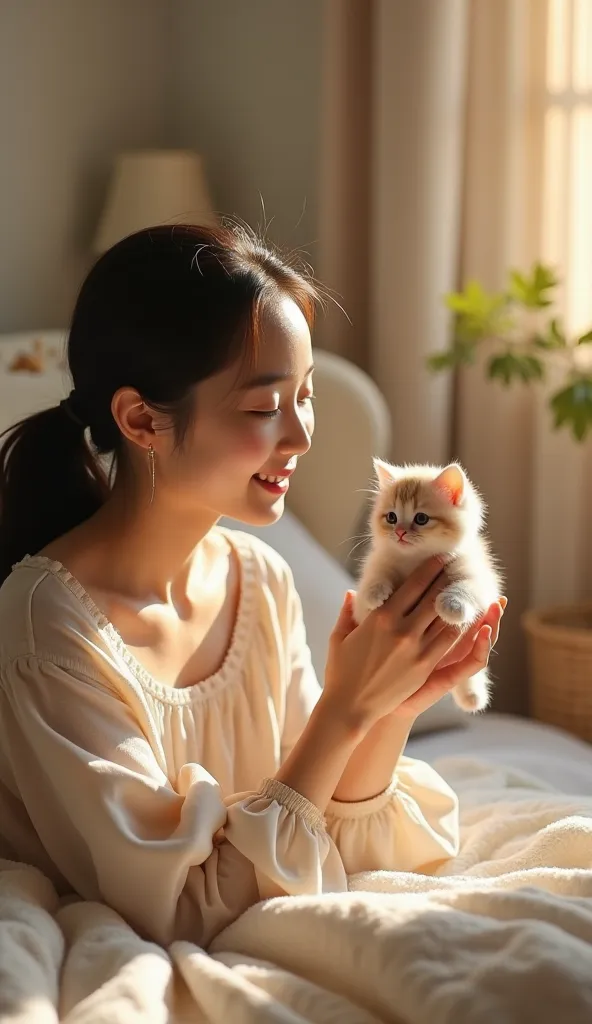 Inside a beautifully decorated room, a lovely Korean girl gently holds a small, adorable kitten in her hands. She gazes at it with warmth and affection, her soft smile reflecting pure happiness. The kitten, fluffy and delicate, looks up at her with innocen...