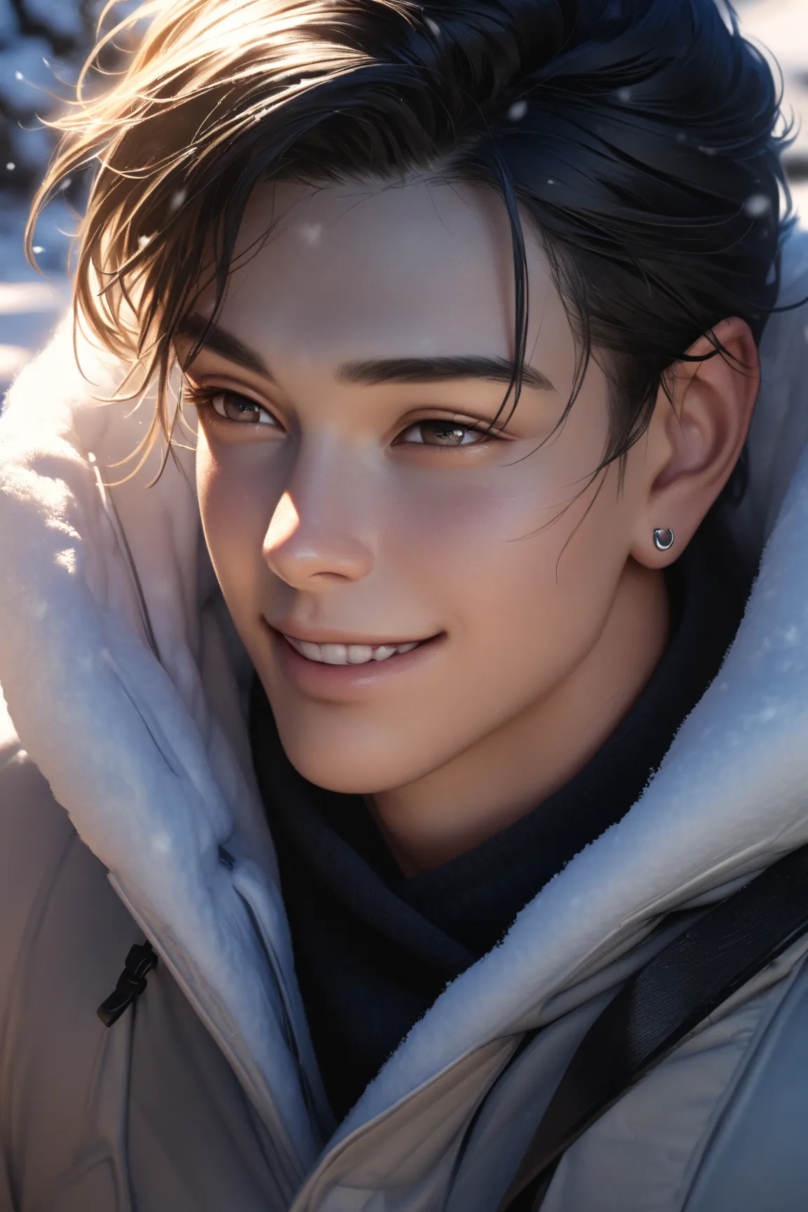 Man with short black hair, Young ,  ear earrings .wearing snow coat, smiling 