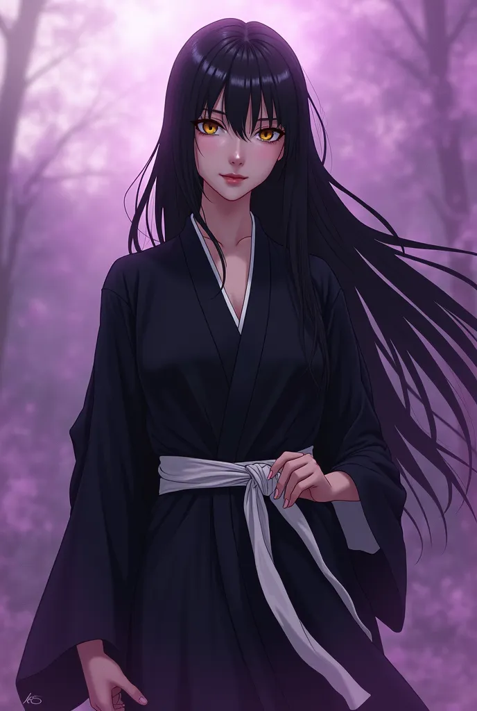 Peux-tu créer une image dans le style de l'animé Bleach, d'une femme avec un kimono noir, de longs cheveux noirs, des yeux jaunes, qui se tient sur un champ de bataille entouré d'une fumée violette. Elle doit avoir l'air adulte mature et entouré d'une aura...