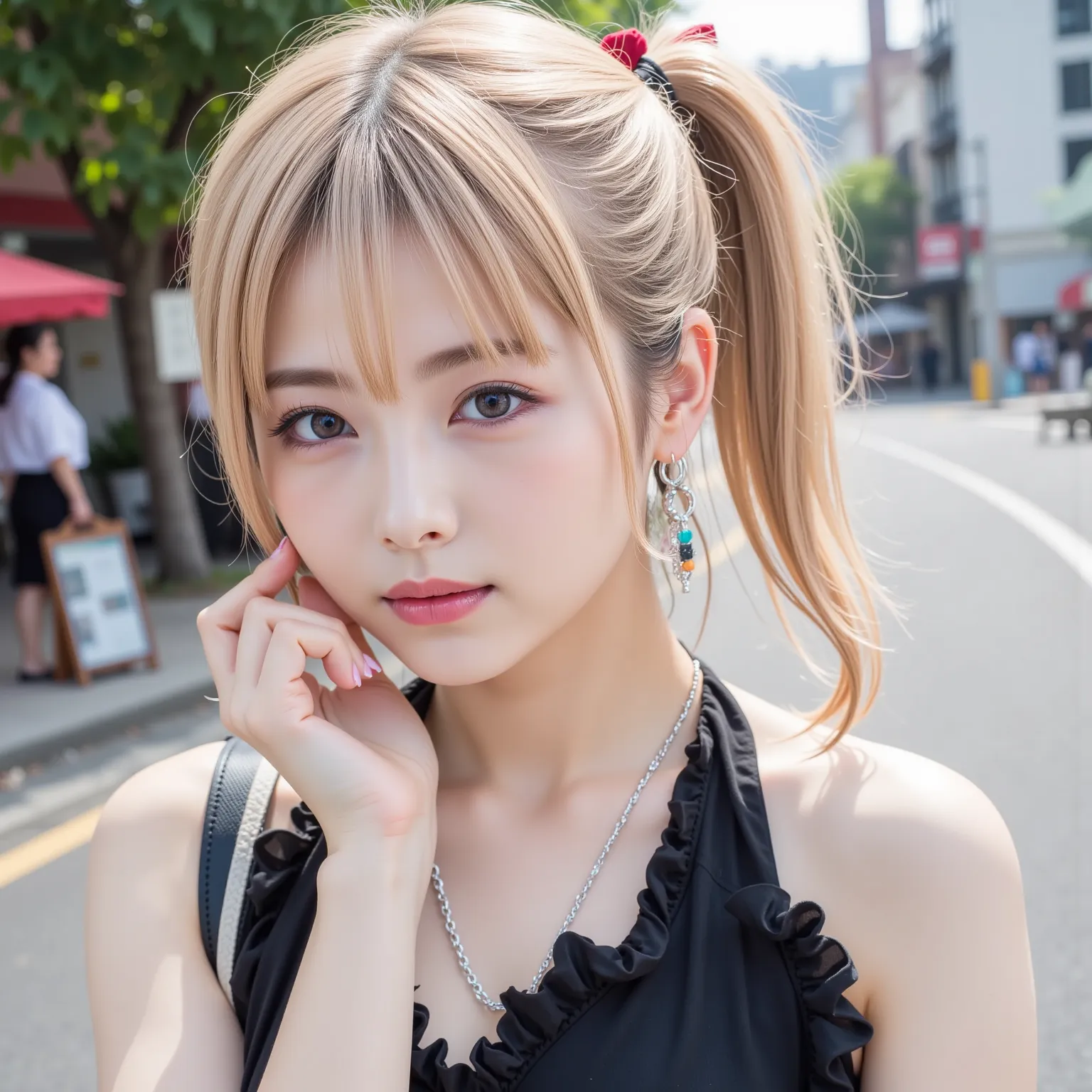 ((8K wallpaper)),((blond hair)),((side ponytail)),((big breasts,Big Breasts)),((dark eyeshadow pink with dark orange lipstick)),(( beautiful Japanese girl)),((Intelligent Glasses)),((street corner background )),((colorful manicure for nails)),((earrings, n...