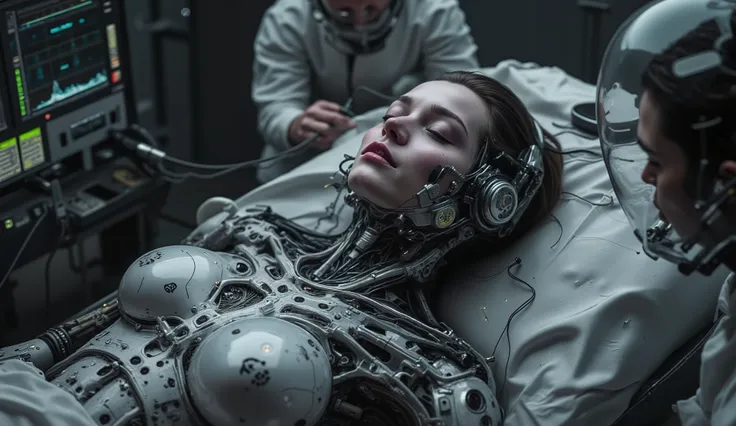 Close-up of a girl awakening from cryogenization on a futuristic stretcher, with the body of a cyborg and the face of a woman, with scientists and doctors next to, connected to machines.
