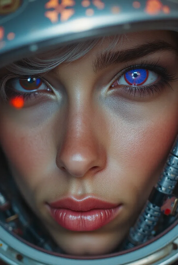 Close-up of an improved masterpiece:1.5)0.9], ( Space and Astronauts:1.2) ( Untidy silver hair:1.1) ( heterochromia:  xanthochromia and blue eyes:1.2) (Space helmet:1.0) (Colored stars in the eyes:1.0) (A radiant shine:1.1) (thick lips:0.9)