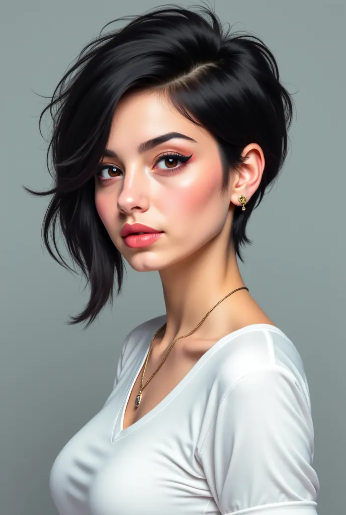 A girl, 27, Iranian, black hair (tomboy hair styled in wolfcut), dark brown hair, white skin tone, wearing a white shirt, athletic body, having a small tattoo under her collarbone, portrait, realistic, hd