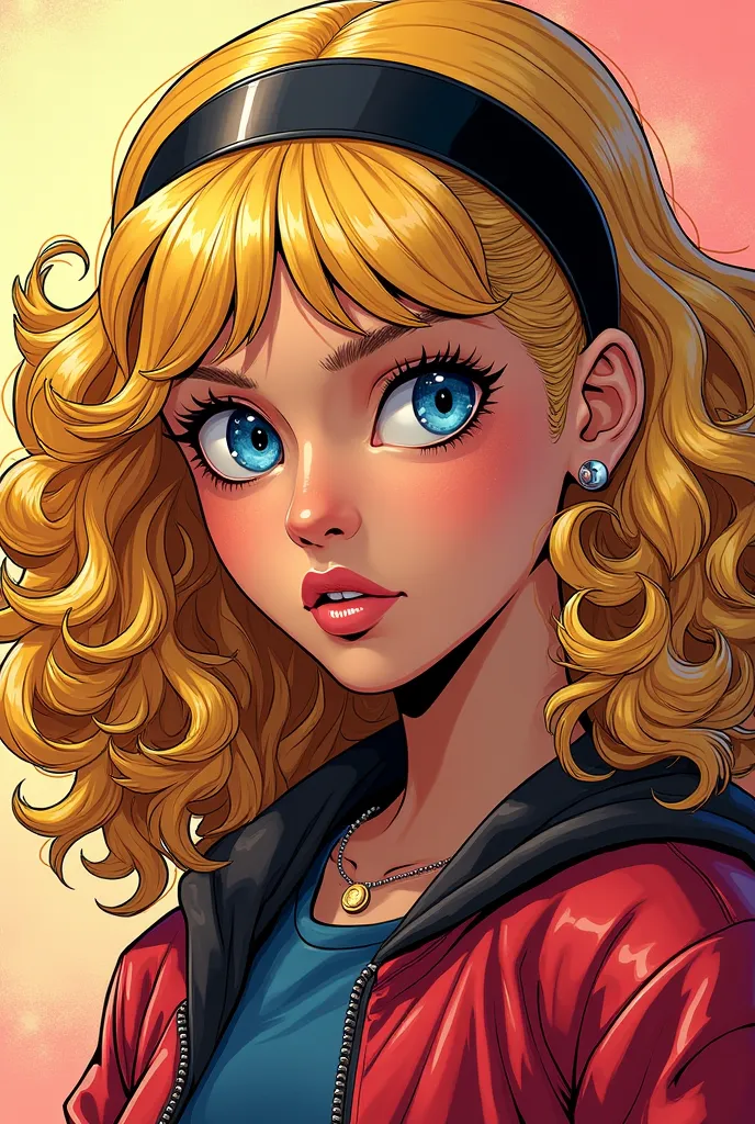 15 y/o girl with tanned skin and blond curly hair with bangs, blue eyes. She has a black headband that highlights her bangs. DC comic panel from 90's style.