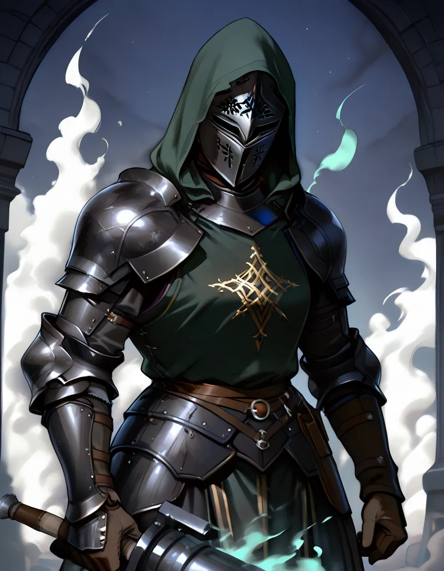 arm0rs3nt1n3l, bgport, A female wearing a tight green tabard that has a hollow triangle shape on it, [medium breasts], wearing a dark metallic traditional knight's helmet beneath a green hood,  dark green glow from inside the helmet, Knight gauntlets in da...