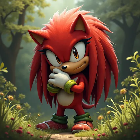 Knuckles the dark-eyed Echidna with her hand on her chin thinking and behind him shrubs and trees