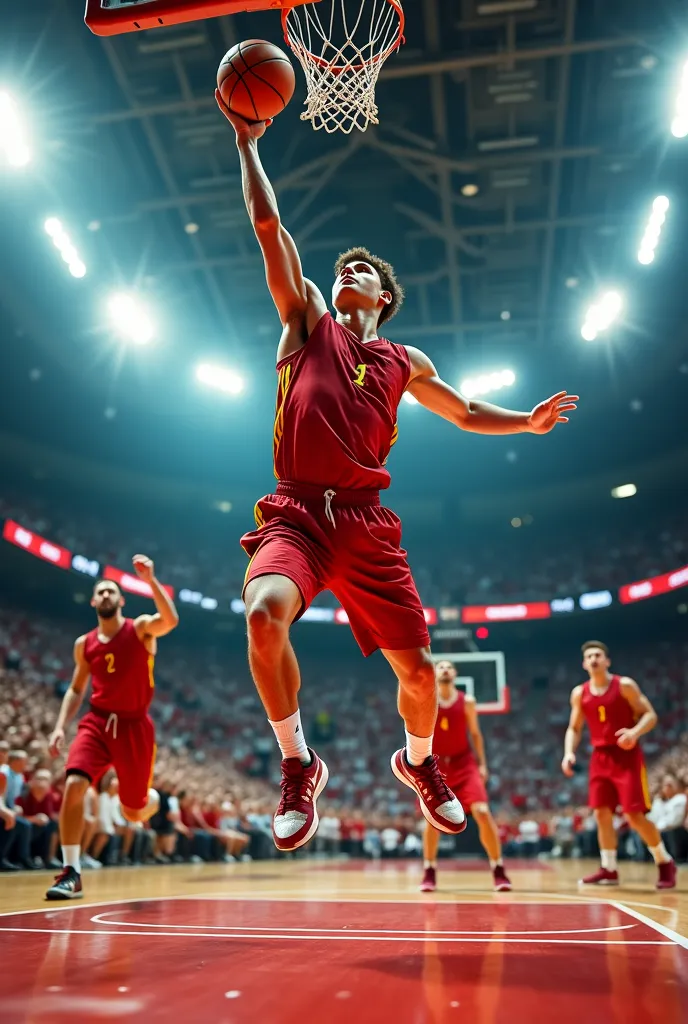 Front camera position shot of a young man jumping trying to score a basket. Shocked people are sweating around him. 