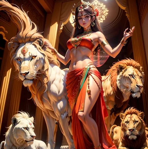 (highly detailed), (illustration), (intricate), (beautiful face), (attractive body), (complete body picture), modern indian goddess, Hinduism, (transparent red saree), dynamic pose, deity crown, (lion standing nearby), colorful, eye-catching, heavenly. Sho...