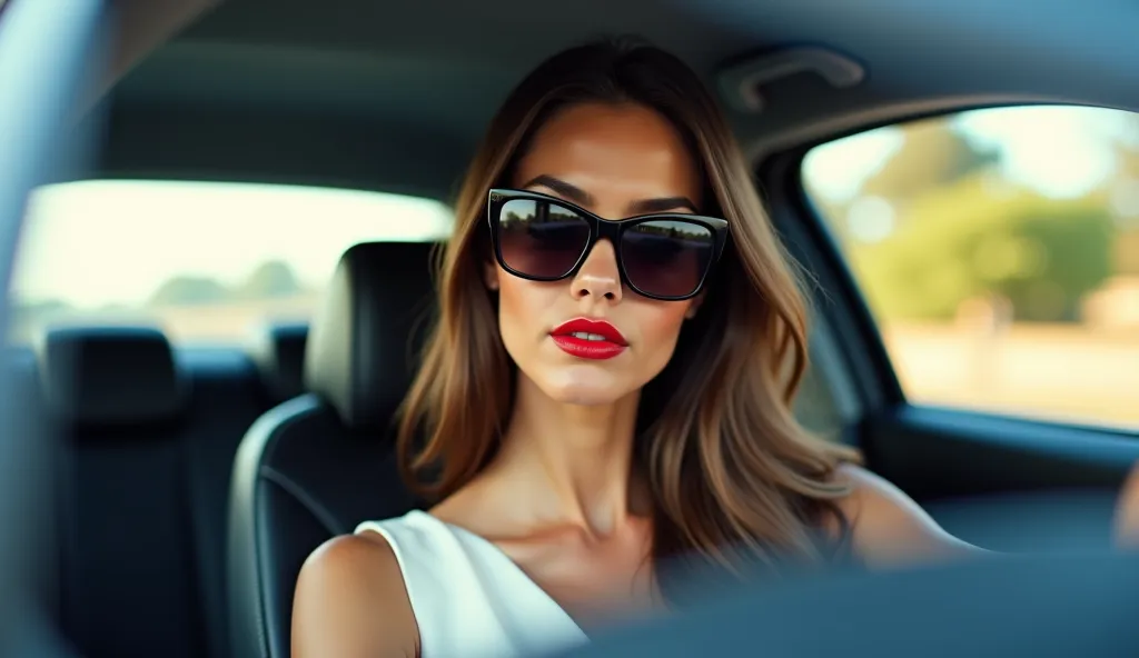 Beautiful woman driving a luxury carBeautiful woman long brunette hair, wearing sunglasses, red cherry lipstick, white dress, driving a luxury car, hyperrealistic, 32K UHD, raw photo, warm tone show her frontal face appearance 