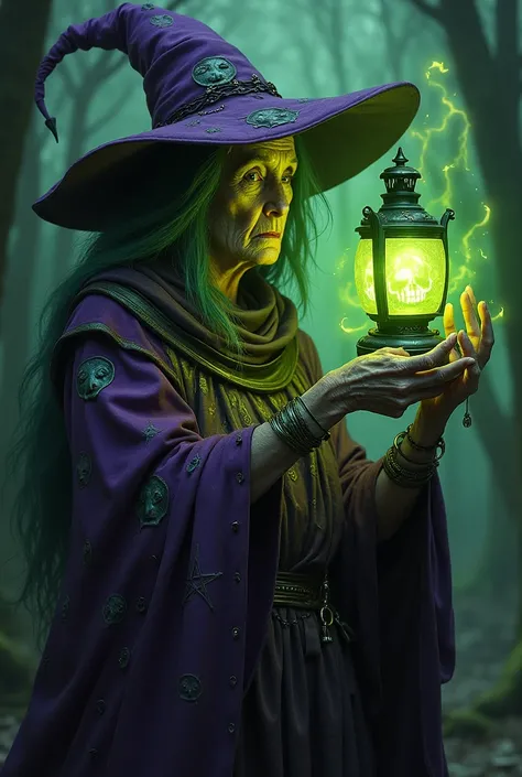 Elderly witch holding a green-flamed lantern with spectral faces inside, tattered robes with occult symbols, floating ghostly hands around her, dark forest backdrop, eerie green and purple lighting, hyper-detailed, gothic fantasy style, reminiscent of Joha...