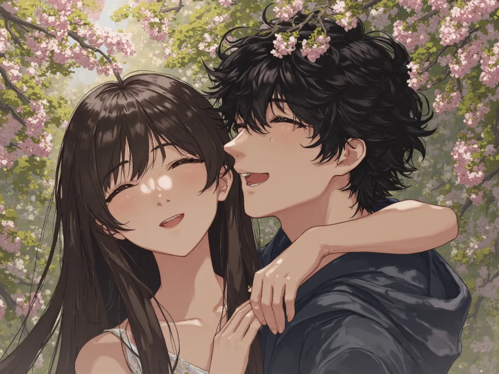 anime manga, Manga style,  ultra quality , Couple of woman and man, the woman has long straight brown hair with bangs, The man has short and dark curly hair, both beautiful, both laugh and enjoy themselves in a flowery forest, good quality,  ultra definiti...